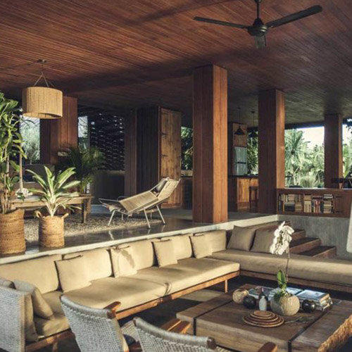 Warm contemporary living room with timber, natural textures and bespoke furniture